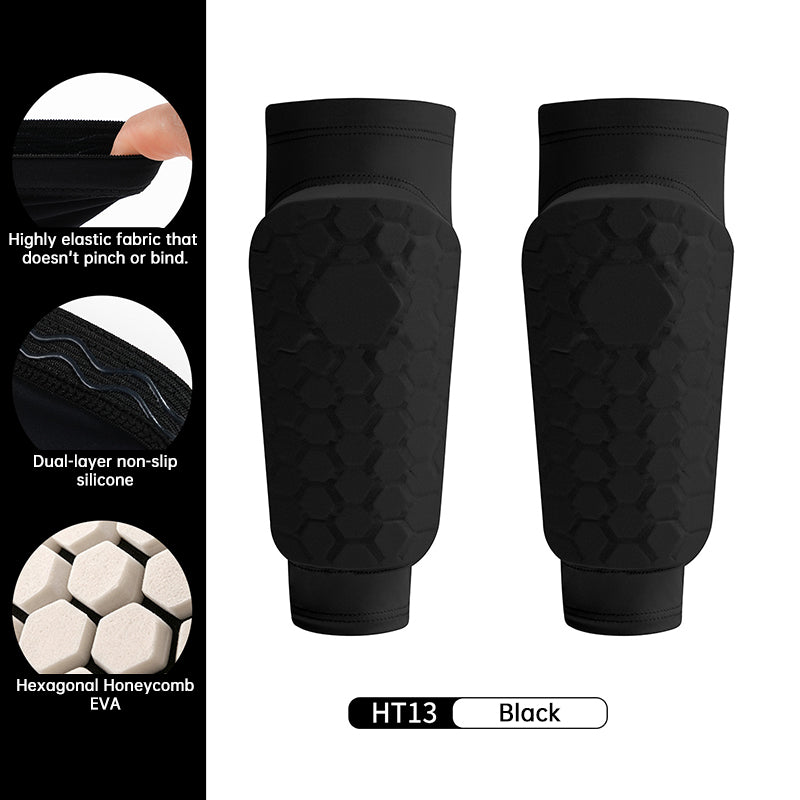Black kids' soccer shin guards by eprolo, lightweight EVA honeycomb design with non-slip silicone for secure fit.