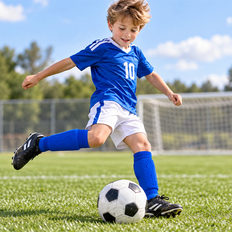 Black kids' soccer shin guards by eprolo, lightweight EVA honeycomb design with non-slip silicone for secure fit and protection.