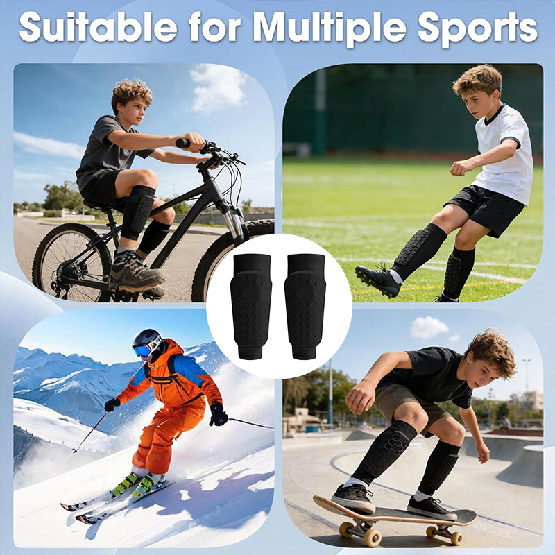Kids soccer shin guards by eprolo, black lightweight EVA honeycomb design with non-slip silicone for secure fit.