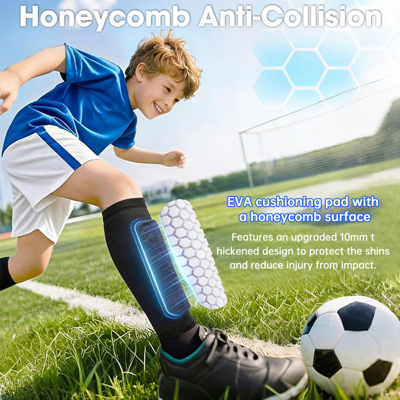 Kids soccer shin guards by eprolo in black, lightweight EVA honeycomb design with non-slip silicone for secure protection.