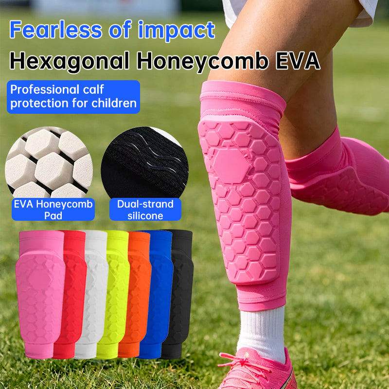 Black kids' soccer shin guards by eprolo, lightweight EVA honeycomb design with non-slip silicone for secure fit and protection.