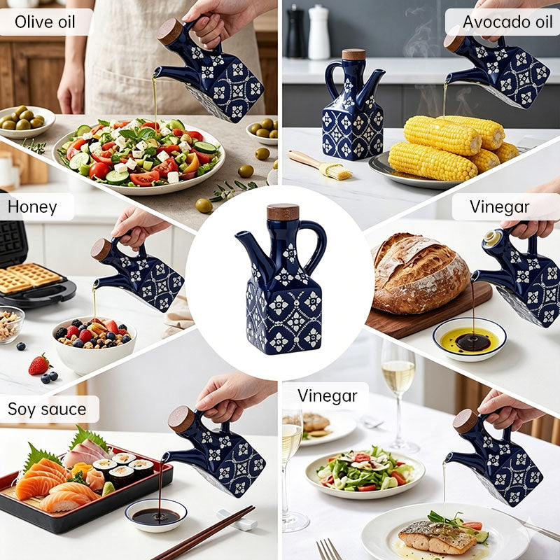 Blue ceramic oil and vinegar cruet set with cork stoppers, kitchen seasoning bottles by eprolo.