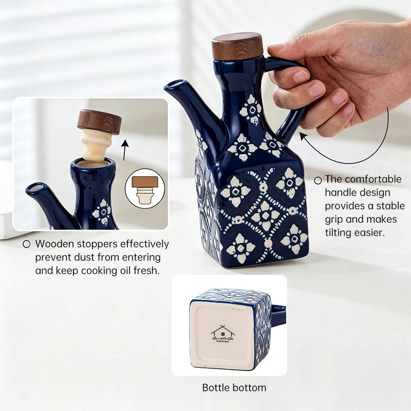 Blue ceramic oil and vinegar cruet set with cork stoppers, ideal for kitchen seasoning bottles by eprolo