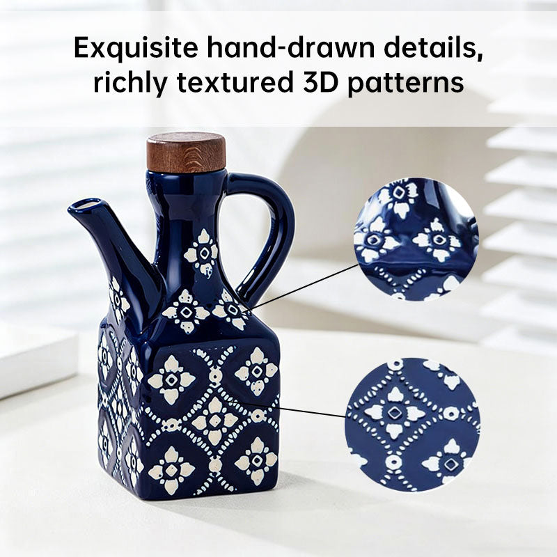 Blue ceramic oil and vinegar cruet set with cork stoppers, kitchen seasoning bottles by eprolo, ideal for cooking and table use.