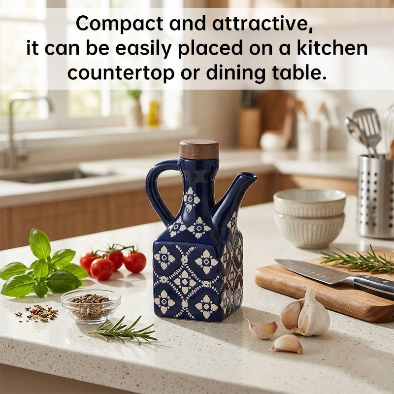Blue ceramic oil and vinegar cruet set with cork stoppers, kitchen seasoning bottles by eprolo