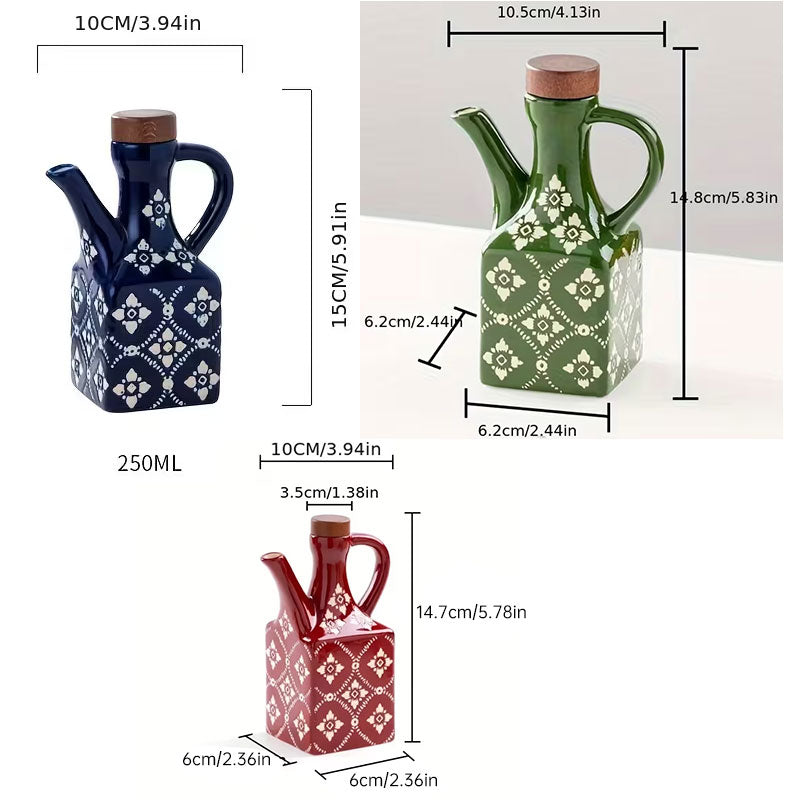 Blue ceramic oil and vinegar cruet set with cork stoppers, kitchen seasoning bottles by eprolo for storing oils and dressings.