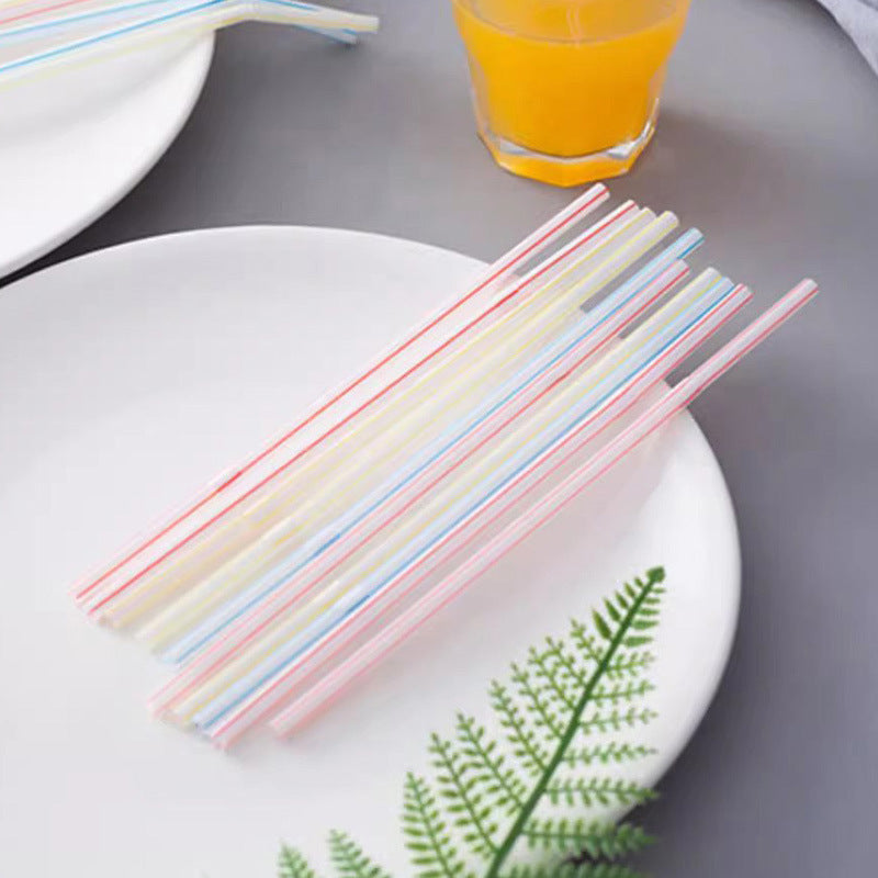 Set of 100 flexible, colorful plastic straws with rainbow stripes, bendable and extra long, from eprolo.