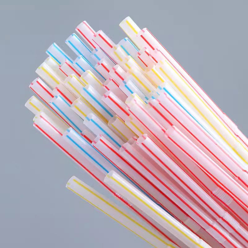 Colorful flexible plastic straws from eprolo, 100-pack, bendable and extra long with vibrant stripe patterns for drinks.