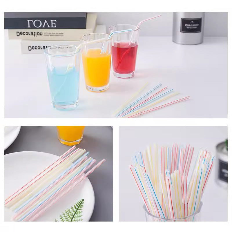 Set of 100 colorful flexible plastic straws from eprolo, bendable and extra long for drinks and party use.