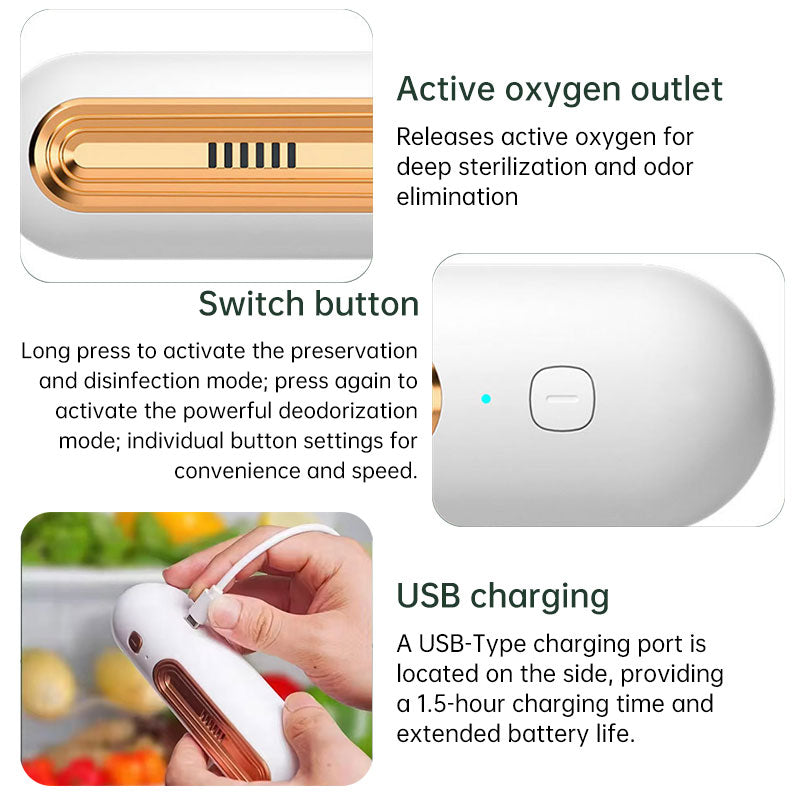 eprolo Ozoori rechargeable fridge deodorizer and odor eliminator for kitchen, freezer, and food storage, with gold design.