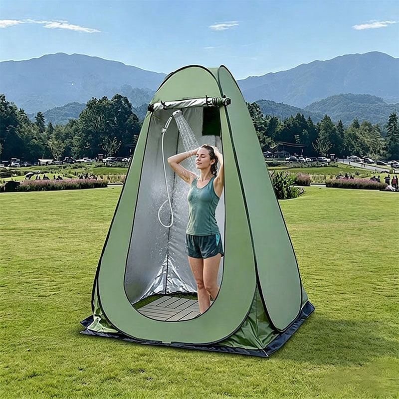 Green portable outdoor camping tent by eprolo, single person tent with changing room, shower, storage, fishing, and photography features.