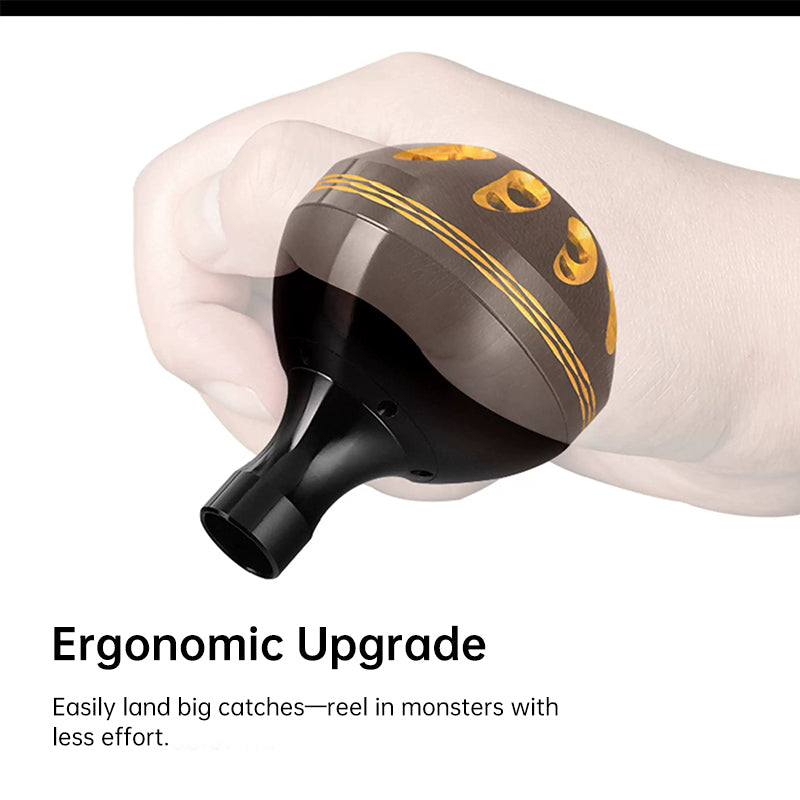 CNC aluminum fishing reel handle knob with ergonomic metal crank grip for spinning and baitcasting reels, suitable for DIY modifications.