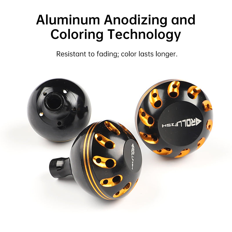 CNC aluminum fishing reel handle knob with ergonomic metal crank grip for spinning and baitcasting reels, suitable for DIY modifications.