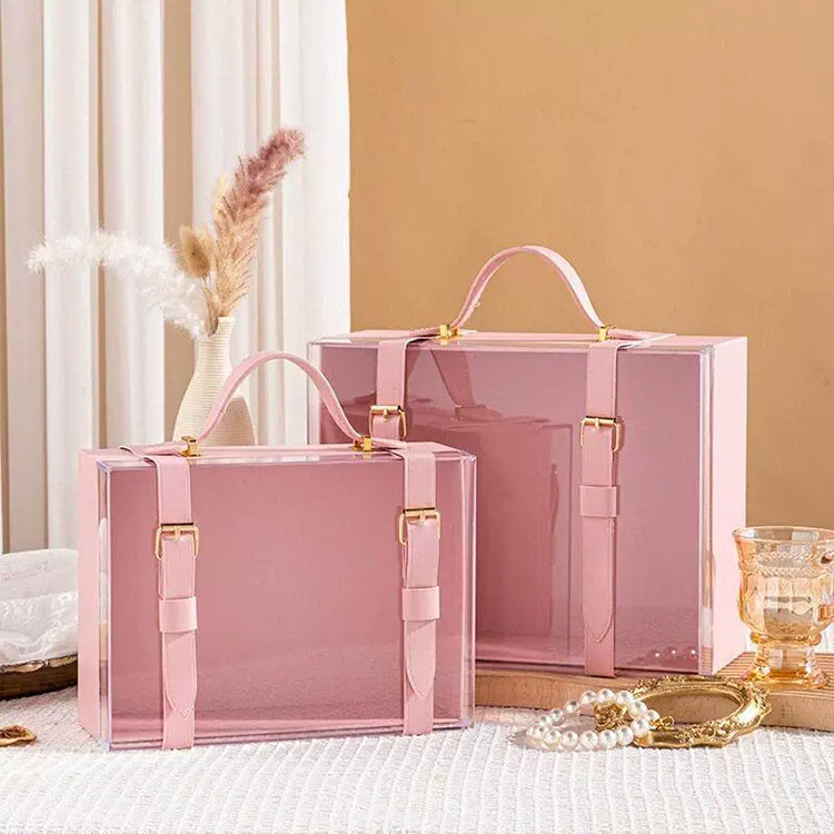 Pink clear acrylic jewelry gift box by eprolo, portable wedding and birthday pouch bag for jewelry storage and gifting.