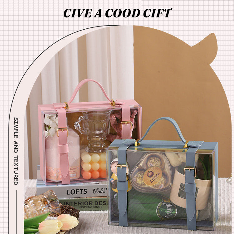 Pink clear acrylic jewelry gift box by eprolo, portable wedding and birthday pouch bag for elegant jewelry presentation.