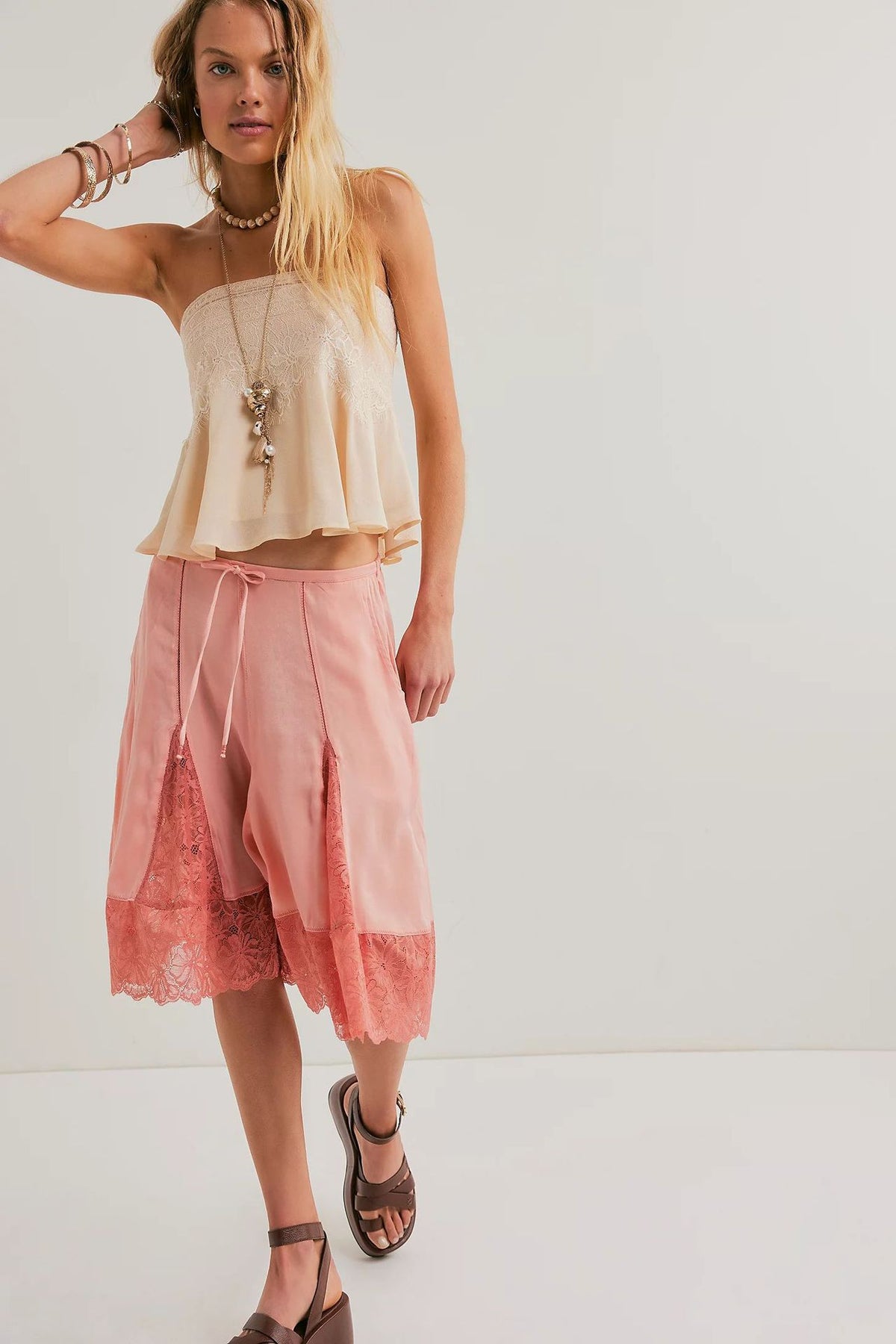 Women's lightweight satin lace mid-length pants with sexy trim from eprolo, pink color, stylish and comfortable for casual wear.