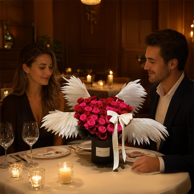 Motorized angel wings flower decoration DIY craft kit by eprolo for wedding and Valentine's bouquet, featuring colorful flower accents.