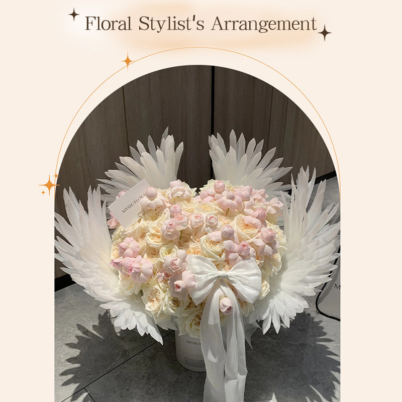 Motorized angel wings flower decoration DIY craft kit by eprolo for wedding and Valentine’s bouquets with colorful floral accents.