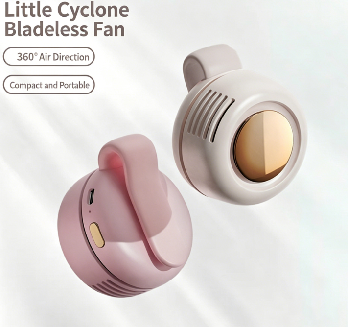 White eprolo portable clip-on mini bladeless fan, compact handheld fan for waist or bag, ideal for on-the-go cooling.