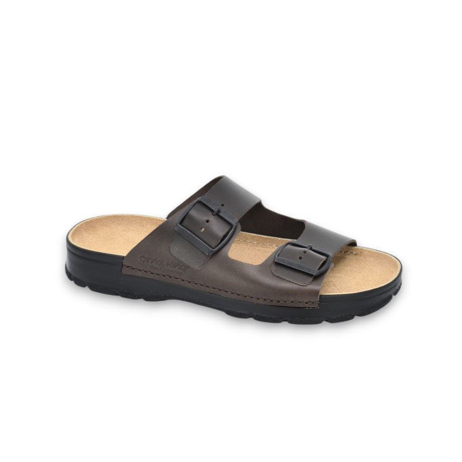 Dark brown Meeliku leather sandals by Omaking, featuring open toes and stylish straps, perfect for casual summer wear.