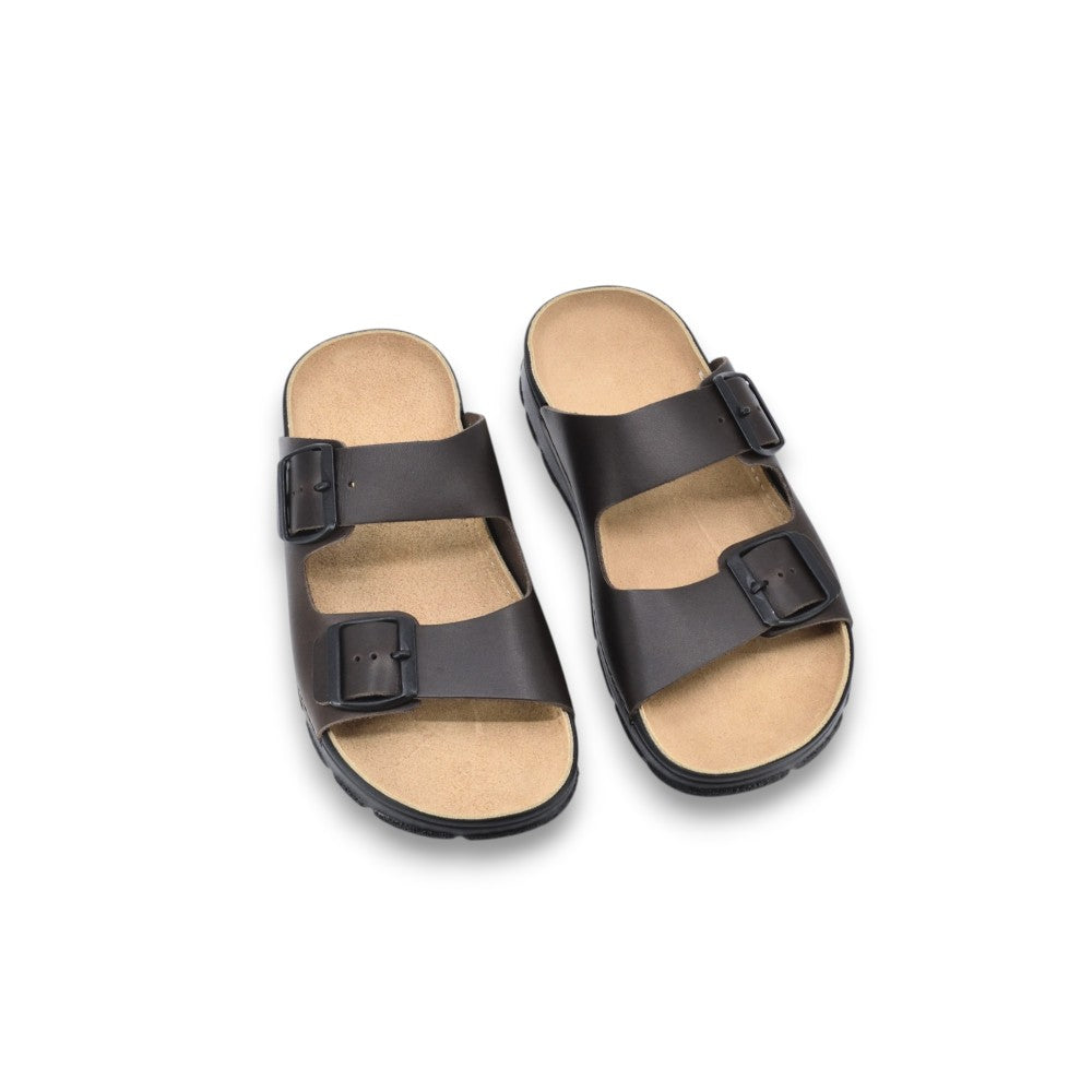 Dark brown Meeliku leather sandals by Omaking featuring open toe design and ankle straps.