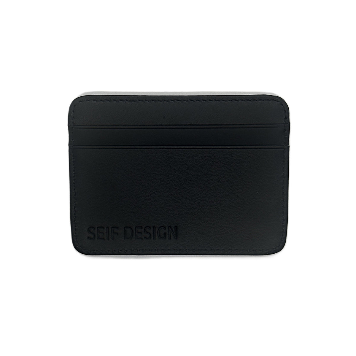 Black handmade leather card holder by Seif Design with multiple card slots and a sleek, minimalist design.