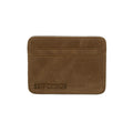 Brown handmade leather card holder by Seif Design, showing a compact, stylish wallet with multiple card slots.
