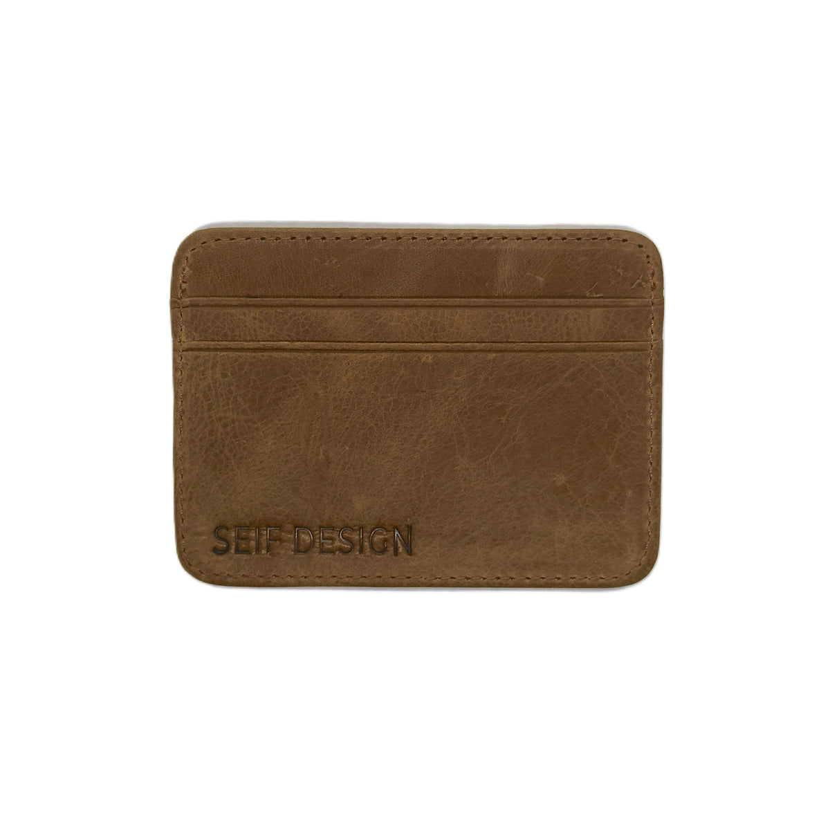 Brown handmade leather card holder by Seif Design, showing a compact, stylish wallet with multiple card slots.