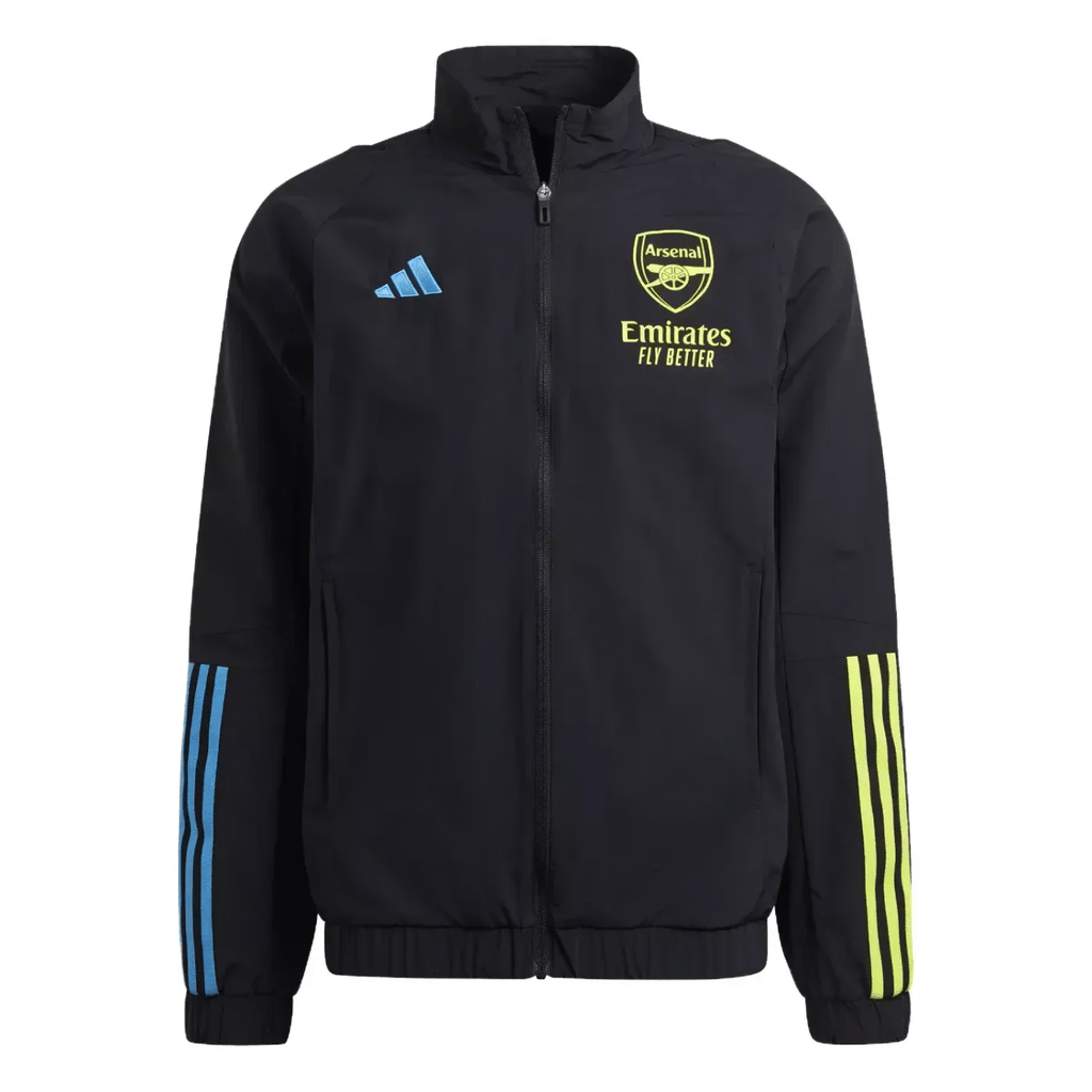 Black Arsenal FC presentation soccer tracksuit for adults, Adidas 2023/24, featuring the team logo and athletic design.