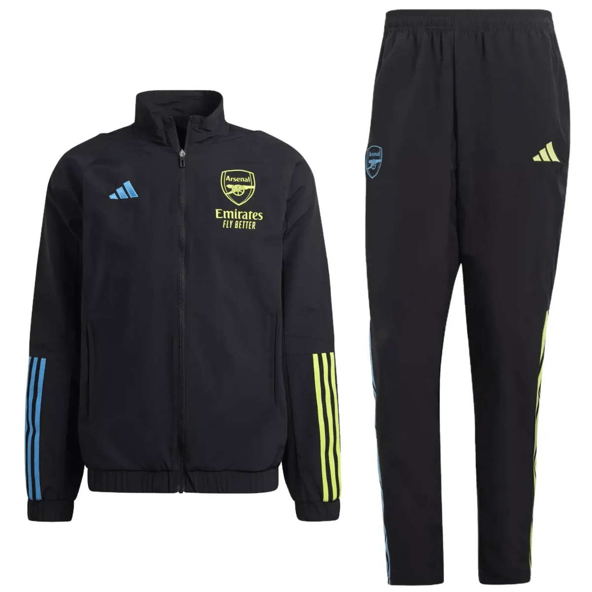 Black Arsenal FC presentation soccer tracksuit for adults by Adidas, featuring the team logo and athletic design for 2023/24 season.