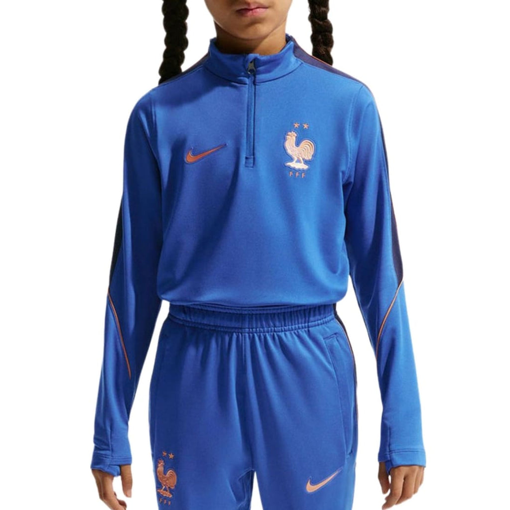 Kids' France training technical soccer tracksuit by Nike, designed for ages 6-7, featuring blue and white sportswear for young players.