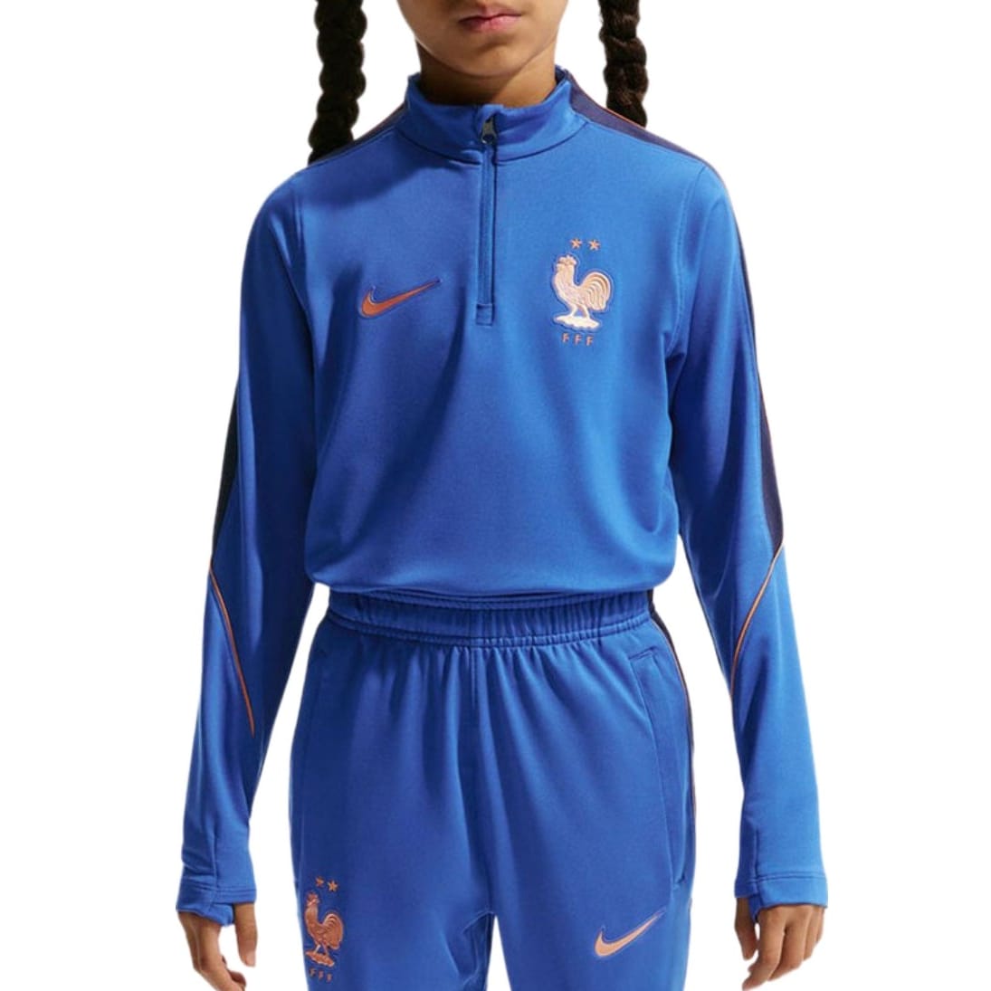 Kids' France training technical soccer tracksuit by Nike, designed for ages 6-7, featuring blue and white sportswear for young players.