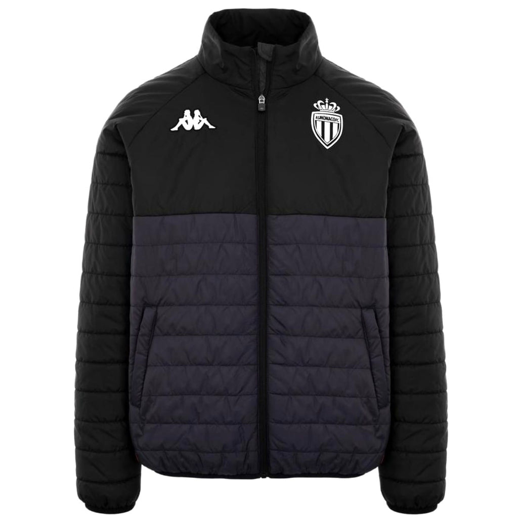 AS Monaco 2022/23 soccer presentation bomber jacket by Kappa, featuring team logo and stylish design on a black jacket.