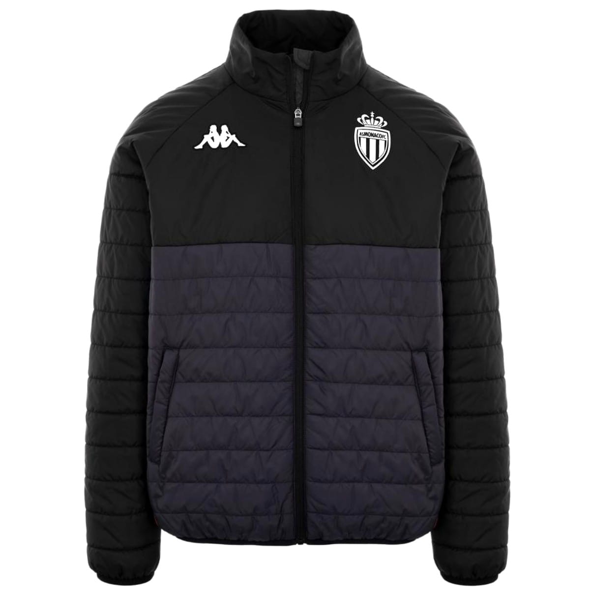 AS Monaco 2022/23 soccer presentation bomber jacket by Kappa, featuring team logo and stylish design on a black jacket.