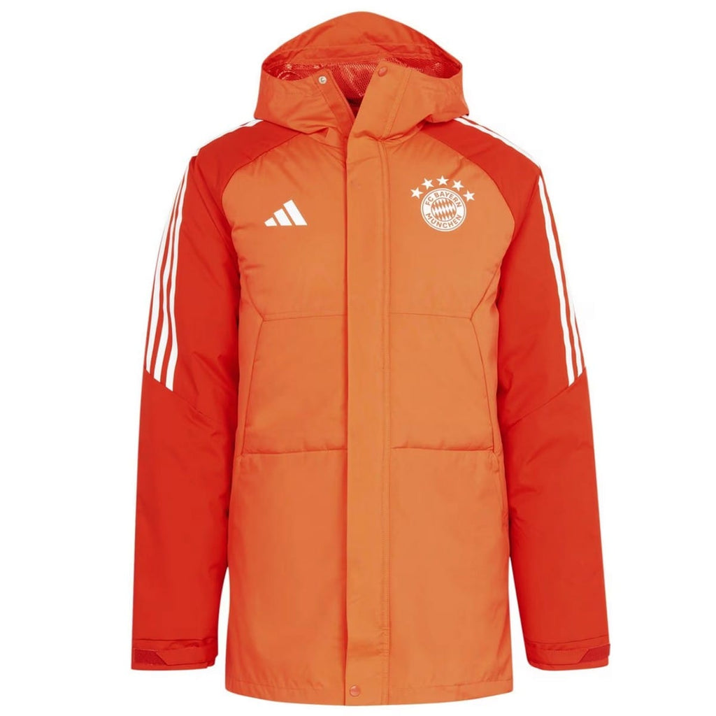 Light red Bayern Munich soccer parka down jacket for adults, Adidas 2024 team apparel, featuring team logo and sporty design.