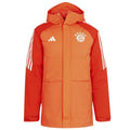 Light red Bayern Munich soccer parka down jacket for adults, Adidas 2024 team apparel, featuring team logo and sporty design.