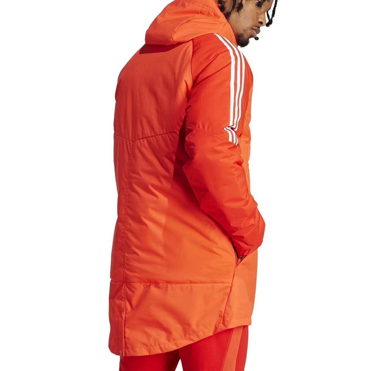 Light red Bayern Munich soccer down parka jacket for adults, Adidas 2024, with hood and padded design for cold weather.