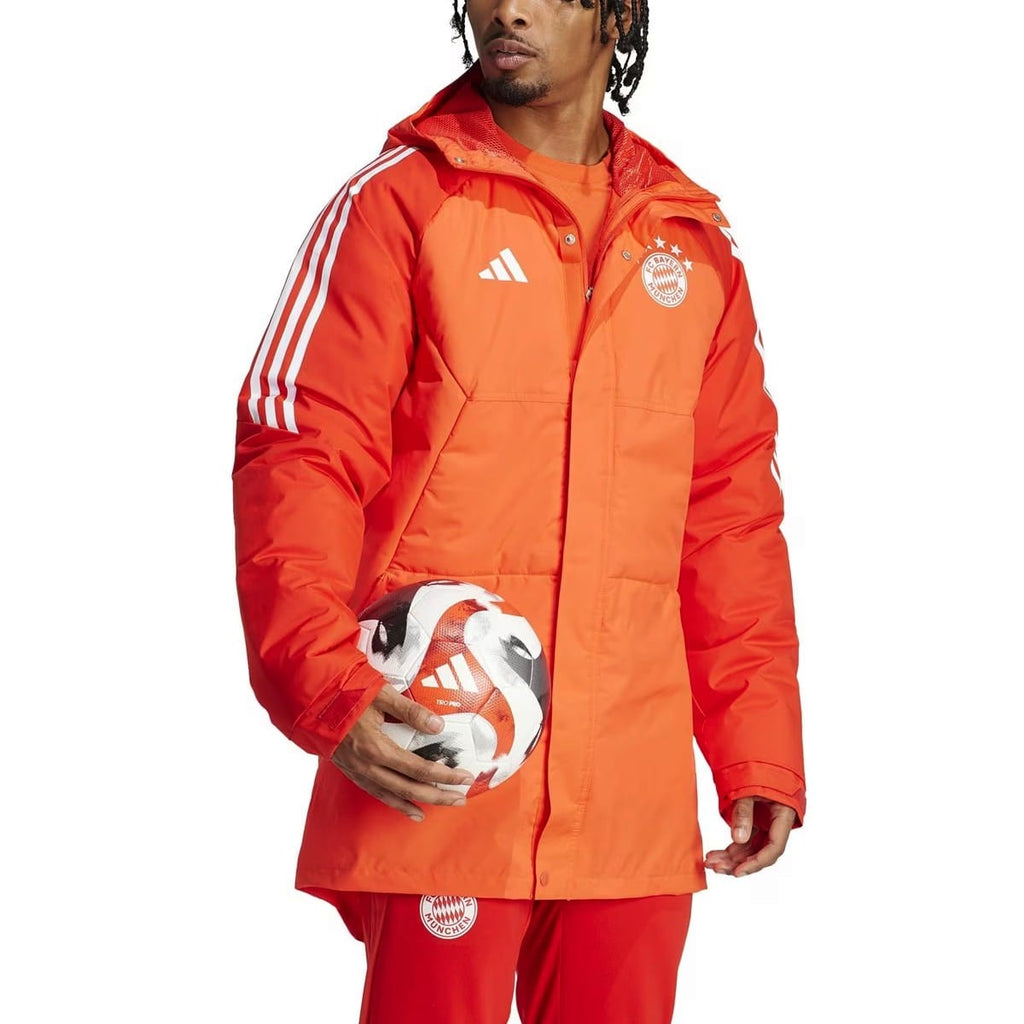Light red Bayern Munich soccer down jacket by Adidas, adult-sized, with a hood and sporty design for 2024.