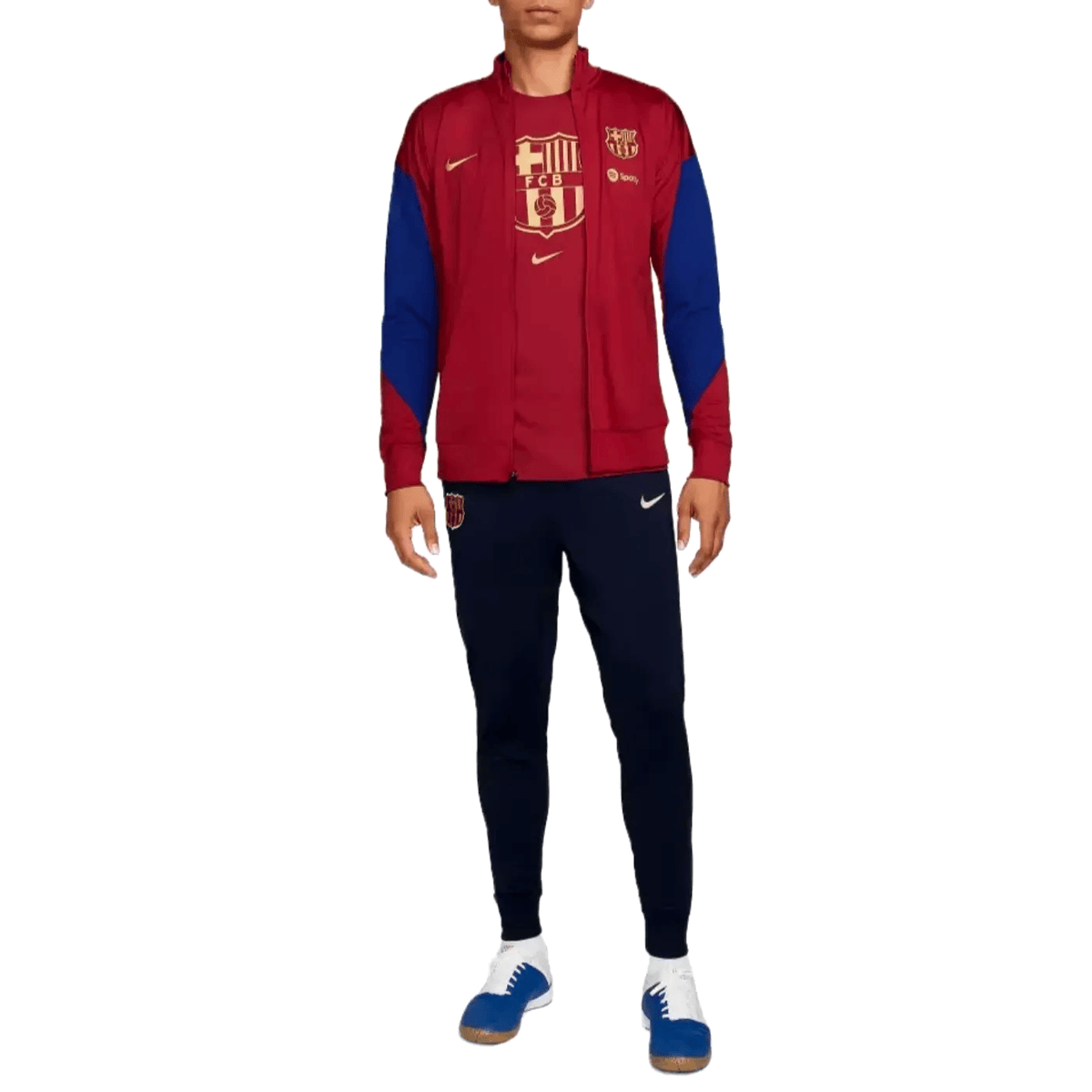 FC Barcelona red and blue training presentation soccer tracksuit by Nike, worn by an adult model, in a small size.