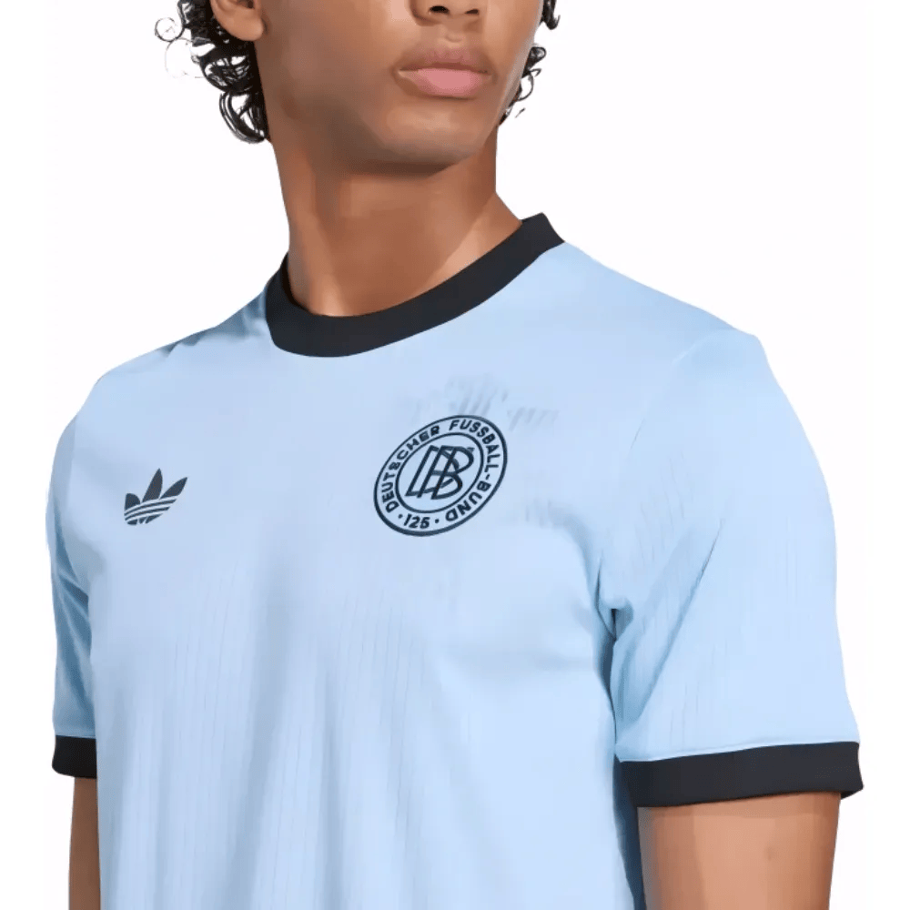 Germany 175th Anniversary home goalkeeper jersey 2025 Adidas, displayed on a mannequin with team logo and goalkeeper design.