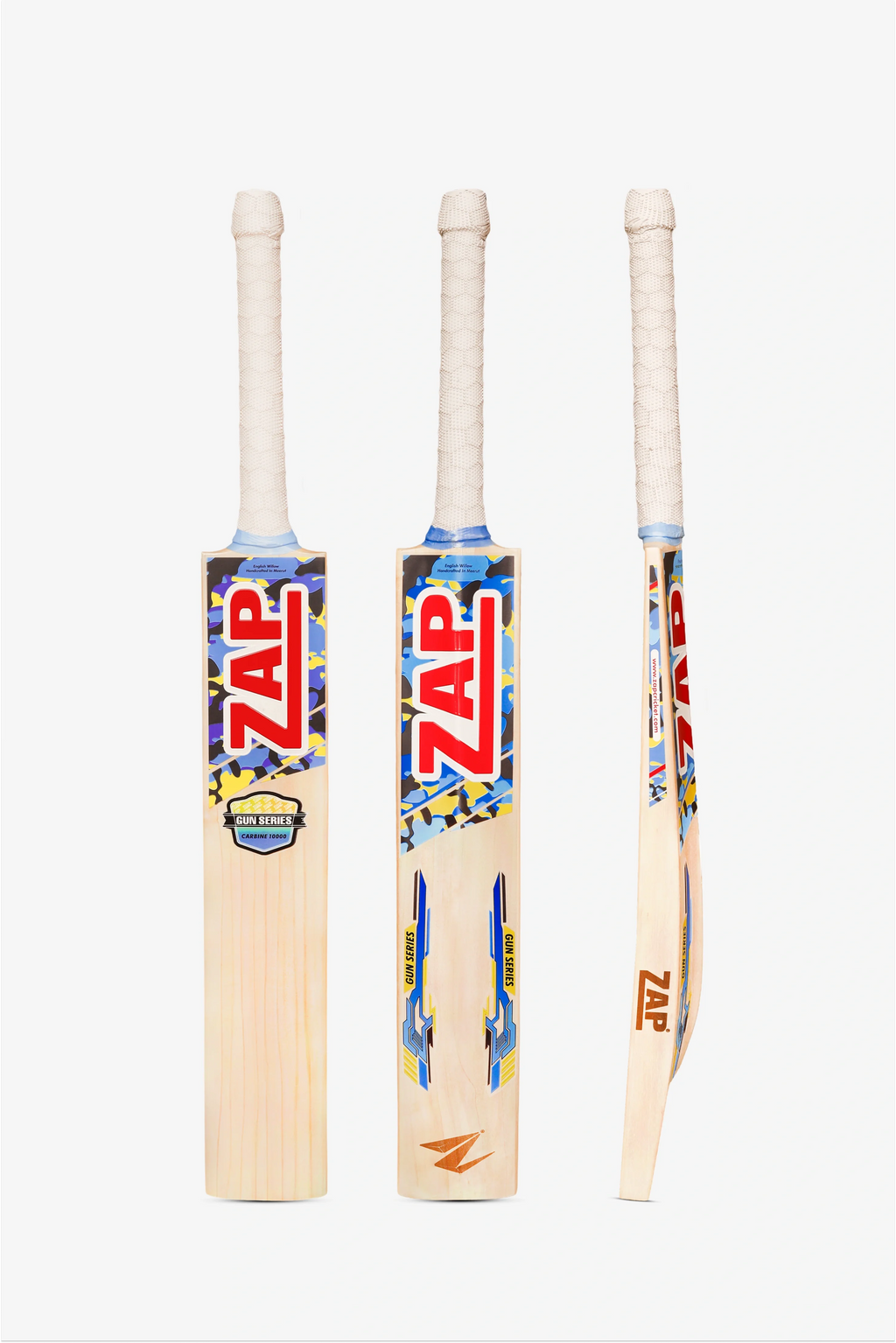 ZAP Cricket Gun Carbine 10000 English Willow Grade 2 cricket bat showing the full blade and handle with brand markings.