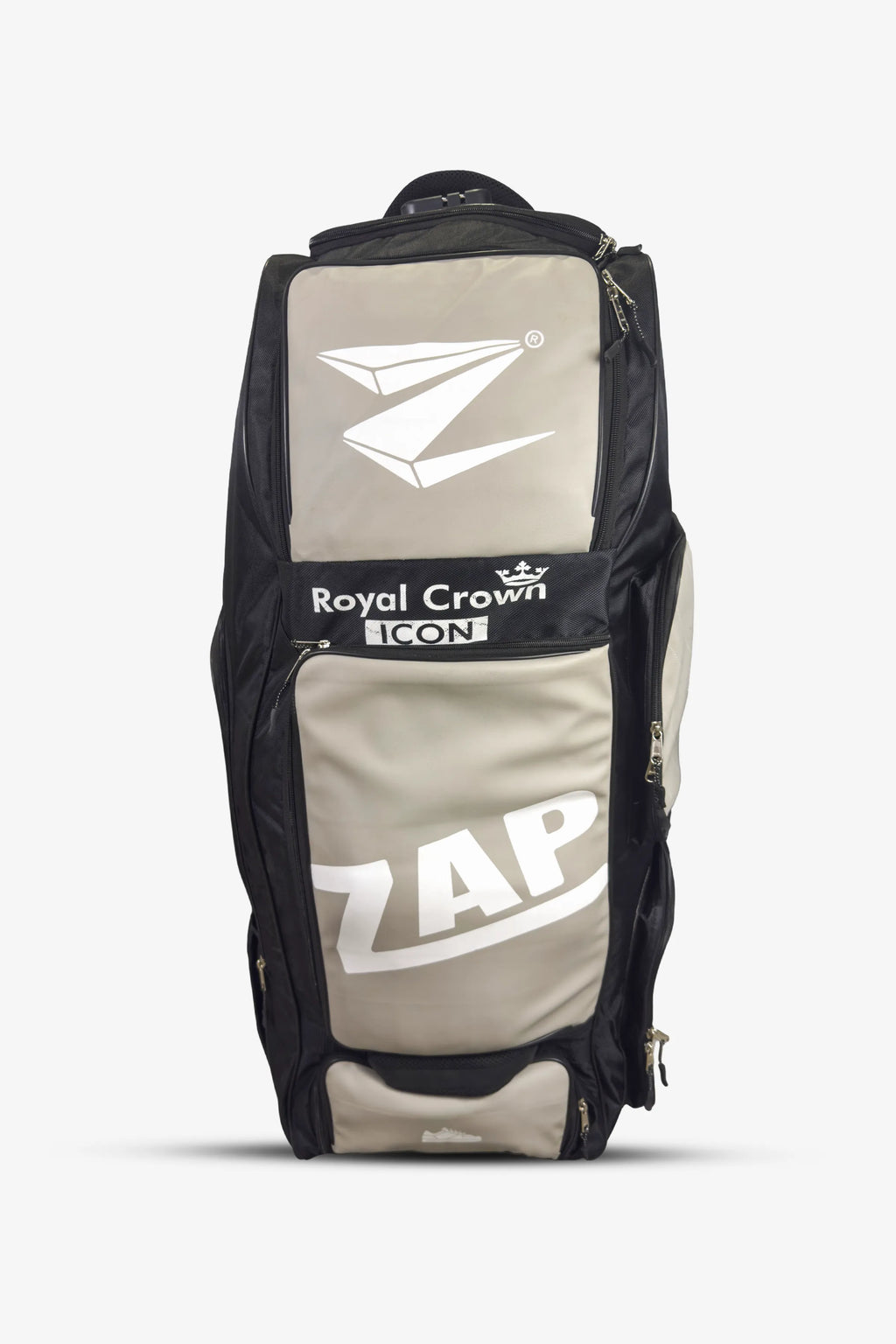 ZAP Cricket Royal Crown Icon Wheelie Kit Bag showing spacious main compartment, sturdy wheels, and royal crown logo design.