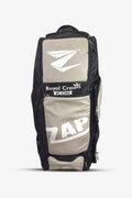 ZAP Cricket Royal Crown Icon Wheelie Kit Bag showing spacious main compartment, sturdy wheels, and royal crown logo design.