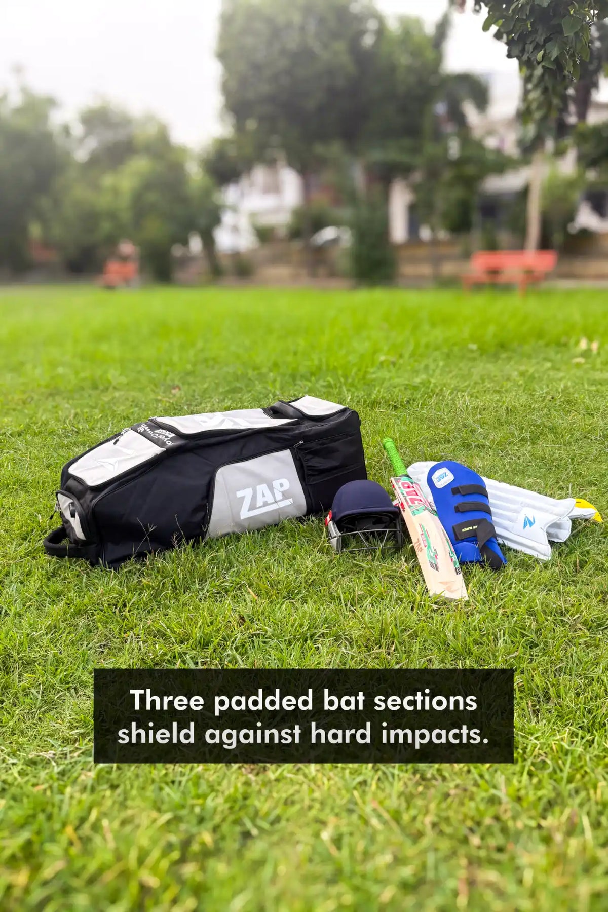 ZAP Cricket Royal Crown Icon Wheelie Kit Bag with wheels, main compartment, and shoulder strap for sports equipment storage