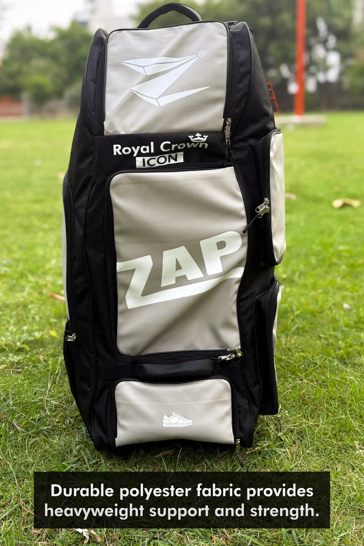 ZAP Cricket Royal Crown Icon Wheelie Kit Bag showing multiple compartments and sturdy wheels for easy transport.