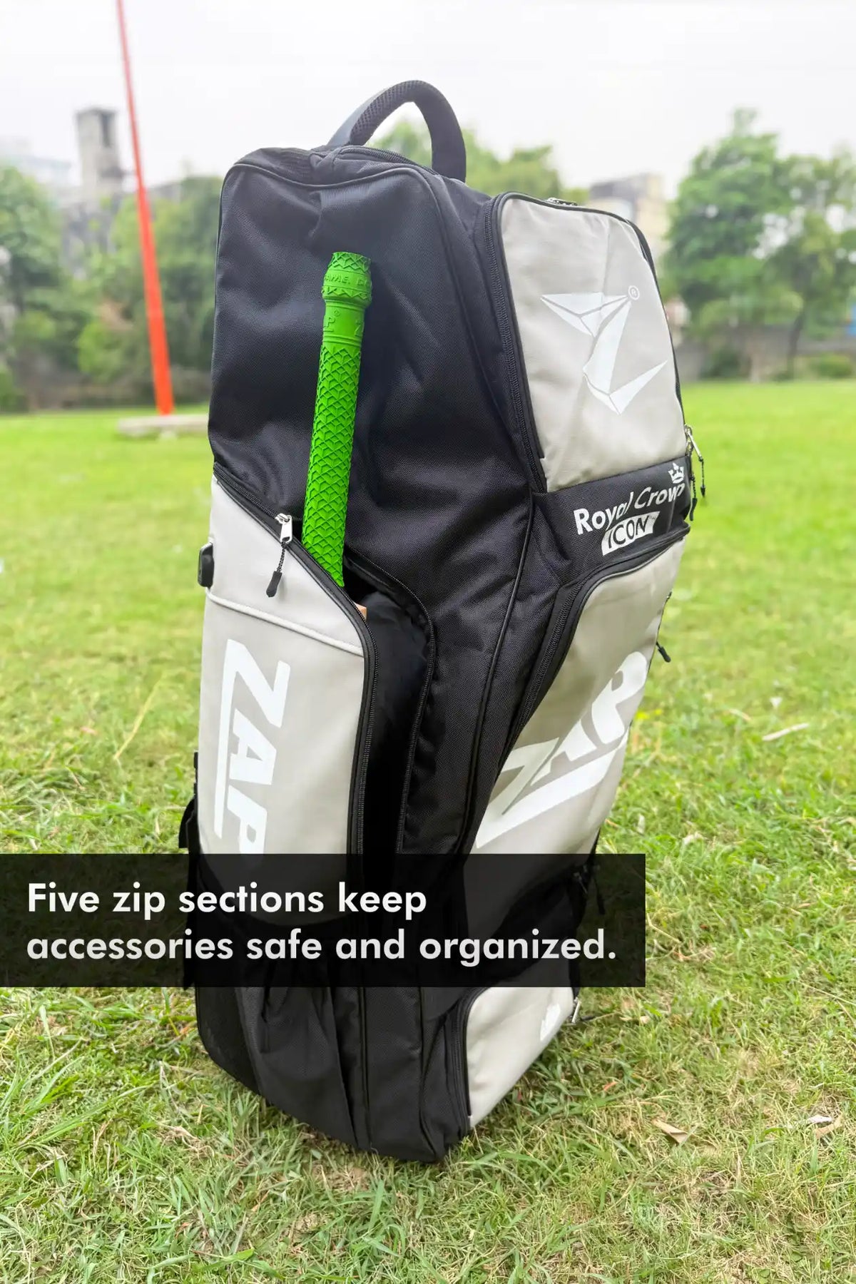 ZAP Cricket Royal Crown Icon Wheelie Kit Bag with handles, wheels, and spacious main compartment for cricket gear storage.