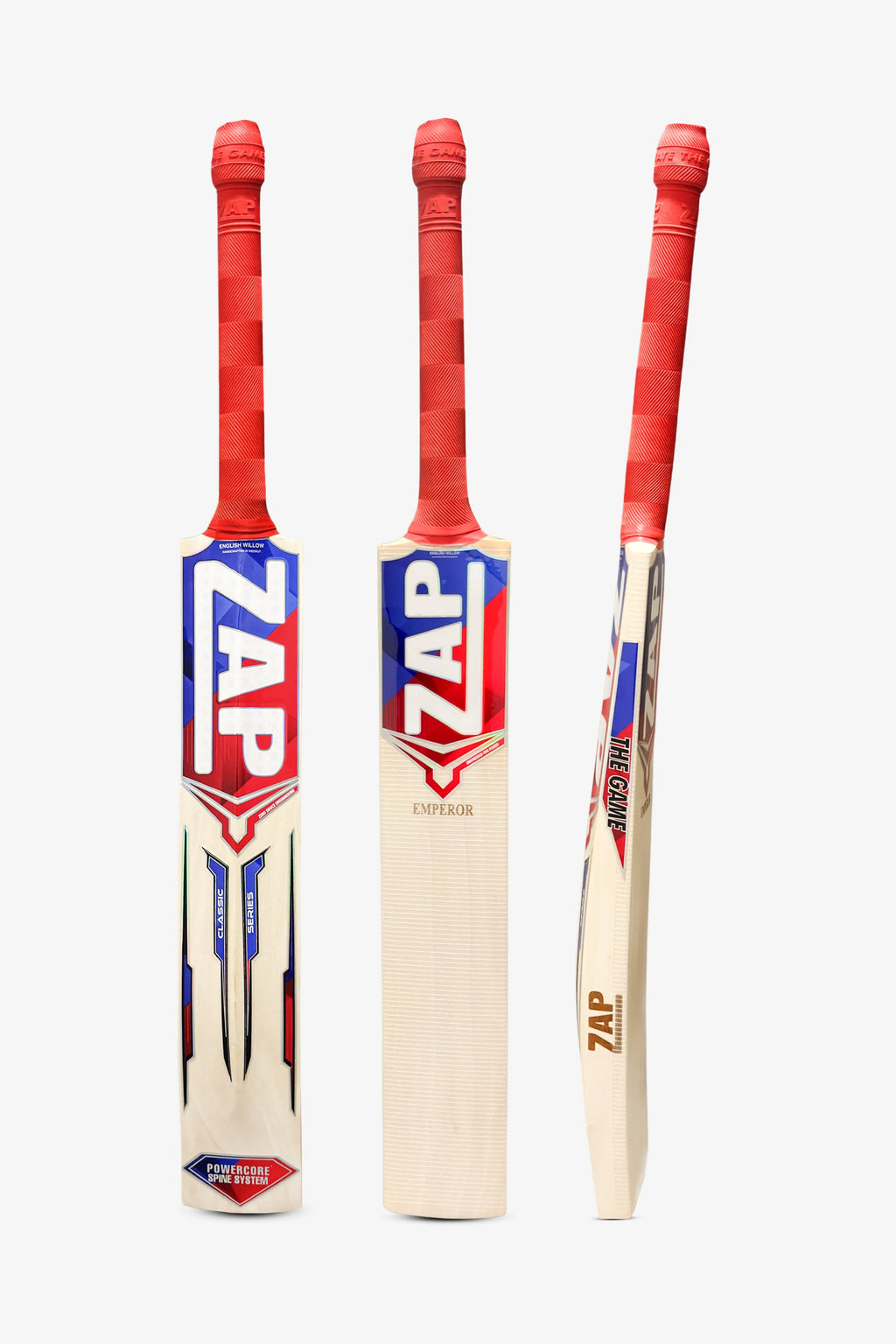 ZAP Classic Emperor English Willow Bat for cricket, featuring a wooden bat with a smooth handle and traditional design.