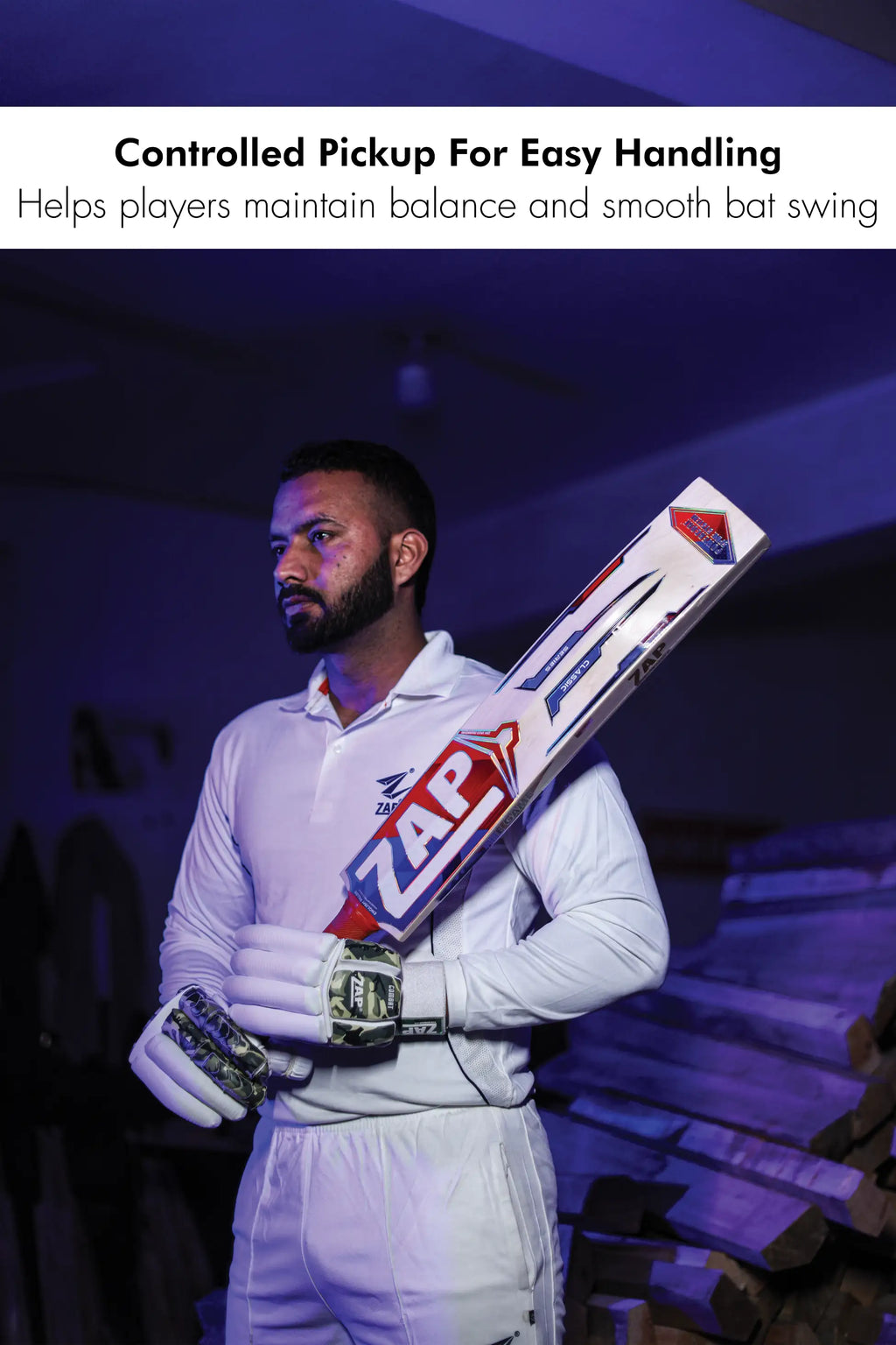 ZAP Sports Classic Emperor English Willow Bat with wooden handle and smooth blade for cricket gameplay.